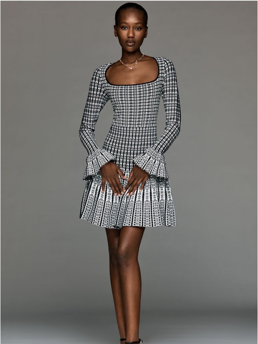 NWY By Anthropologie Scoop-Neck Half-Sleeve Mini Dress Black White Size Medium